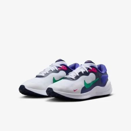 Nike Enfant – Nike Revolution 7 – Blanc/Violet persan/Bleu marine/Vert stade - NIKE