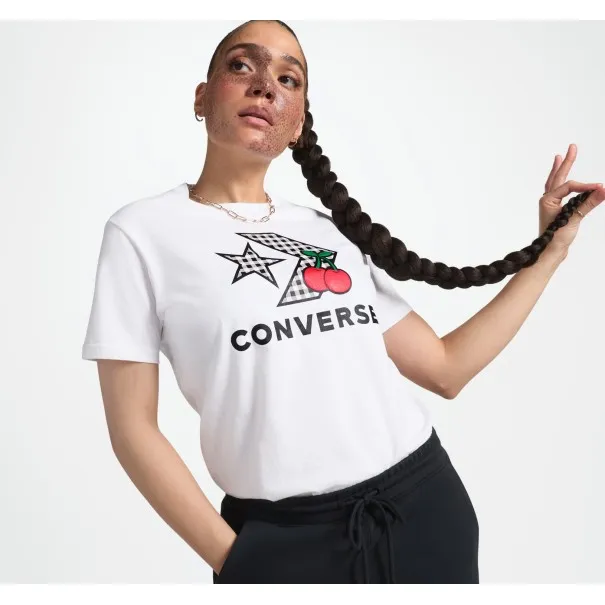 Converse Femme – T-shirt à chevrons et étoiles cerises – Blanc - CONVERSE