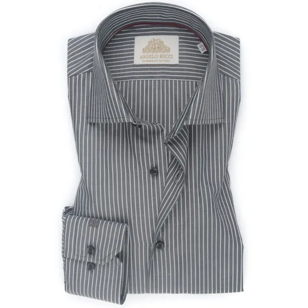 Chemise Homme Angelo Ricci Regular Fit en Popeline Rayée - Gris Anthracite et Blanc - Angelo Ricci