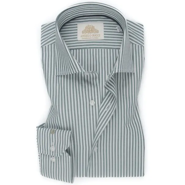 Chemise Homme Angelo Ricci Regular Fit en Popeline Rayée - Vert Sauge et Blanc - Angelo Ricci