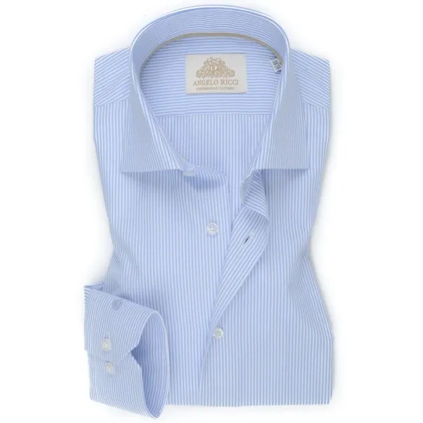 Chemise Homme Angelo Ricci Regular Fit en Popeline Rayée - Bleu Clair et Blanc - Angelo Ricci