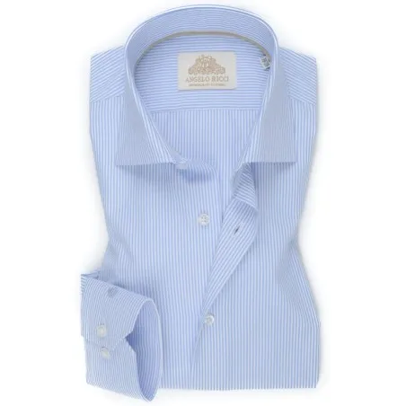 Chemise Homme Angelo Ricci Regular Fit en Popeline Rayée - Bleu Clair et Blanc - Angelo Ricci