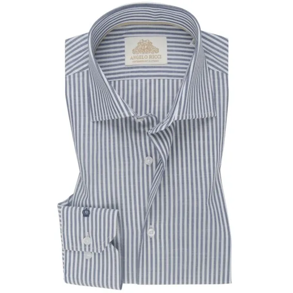 Chemise Homme Angelo Ricci Regular Fit en Popeline Rayée - Bleu Acier et Blanc - Angelo Ricci