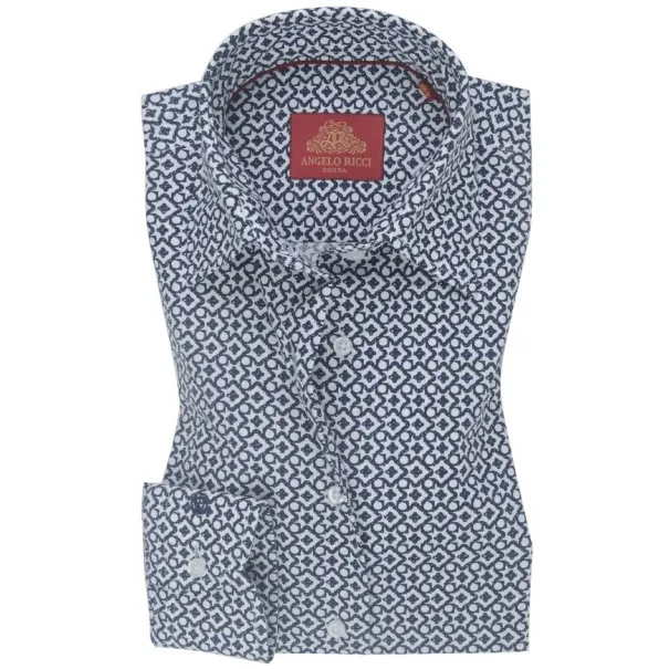 Chemise Femme Angelo Ricci Regular Fit en Popeline à Motifs - Bleu Marine et Blanc - Angelo Ricci