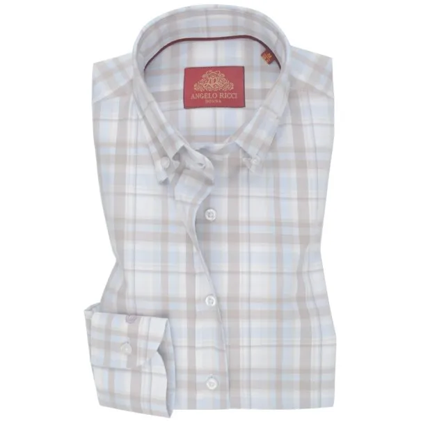 Chemise Femme Angelo Ricci Regular Fit en Popeline à Carreaux - Beige et Bleu Clair - Angelo Ricci