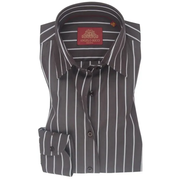 Chemise Femme Angelo Ricci Regular Fit en Popeline Rayée - Marron et Blanc - Angelo Ricci