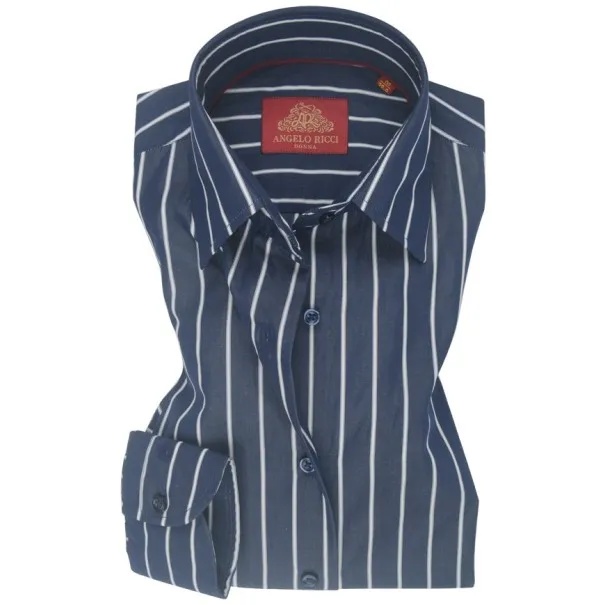 Chemise Femme Angelo Ricci Regular Fit en Popeline Rayée - Bleu Marine et Blanc - Angelo Ricci