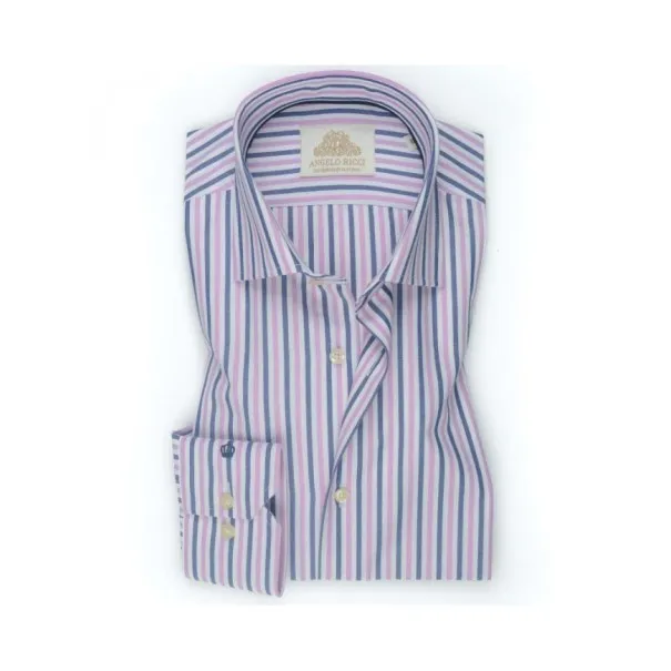 Chemise blanche à Rayures bleu ,gris et rose - Angelo Ricci