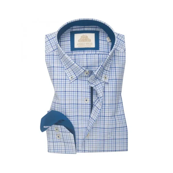 Chemise homme carreaux bleu et blanc en twill coton avec Col classique et fermeture boutonnée sur le devant - Angelo Ricci