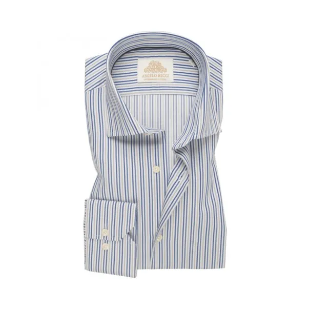 Chemise Homme blanche à rayures beige et bleu en twill coton à manches longues et coupe Regular fit - Angelo Ricci