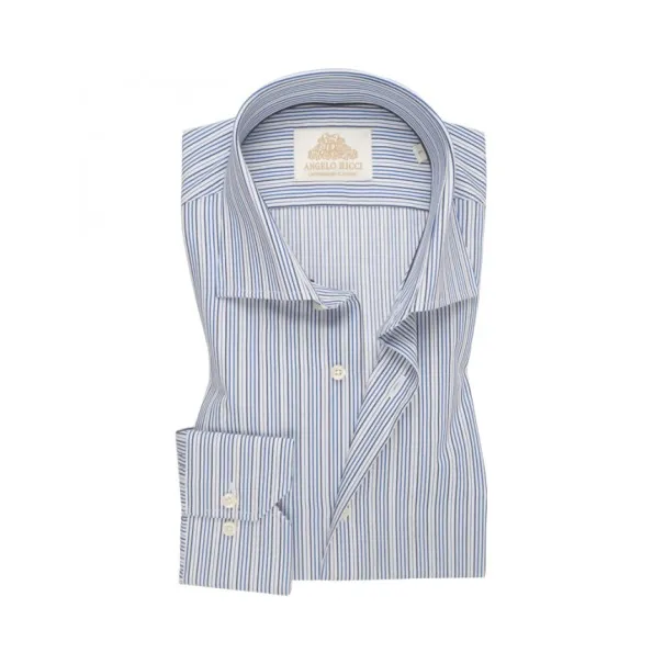 Chemise Homme blanche à rayures noir et bleu en twill coton à manches longues et coupe Regular fit - Angelo Ricci