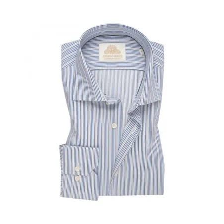 Chemise Homme blanche à rayures noir et bleu en twill coton à manches longues et coupe Regular fit - Angelo Ricci