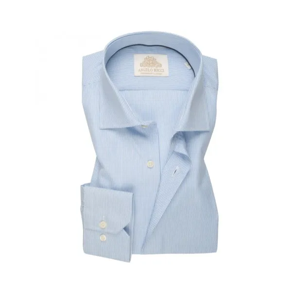 Chemise Homme blanche à rayures bleu ciel en popeline coton à manches longues coupe Regular fit et Col classique - Angelo Ricci