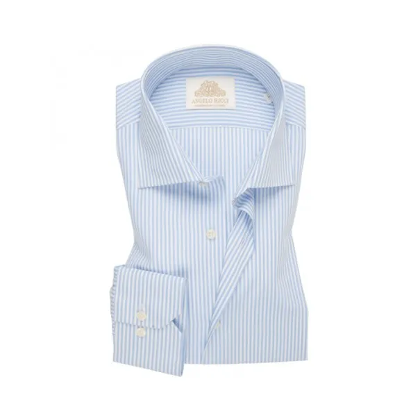 Chemise Homme blanche à rayures bleu ciel en twill coton à manches longues coupe Regular fit et Col classique - Angelo Ricci