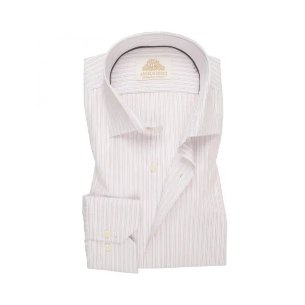 Chemise Homme blanche à rayures rose et mauve en twill coton à manches longues coupe Regular fit et Col classique - Angelo Ricci