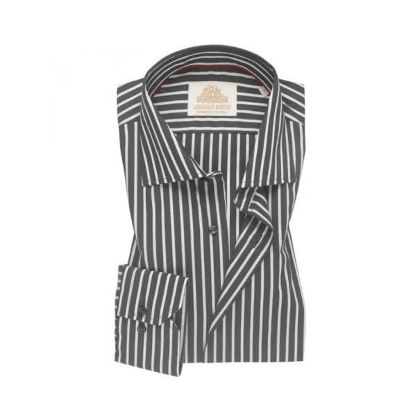 Chemise Homme noire à rayures blanche en twill coton à manches longues coupe Regular fit et Col classique - Angelo Ricci