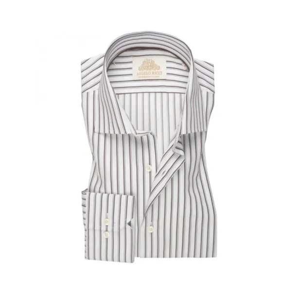 Chemise Homme blanche à rayures bleu et marron en twill coton à manches longues coupe modern fit et Col classique - Angelo Ricci
