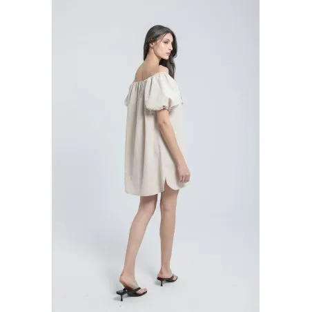 Robe courte col bateau en lin brodé - Estelle