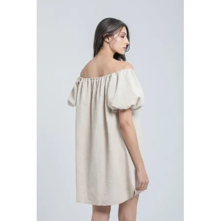 Robe courte col bateau en lin brodé - Estelle