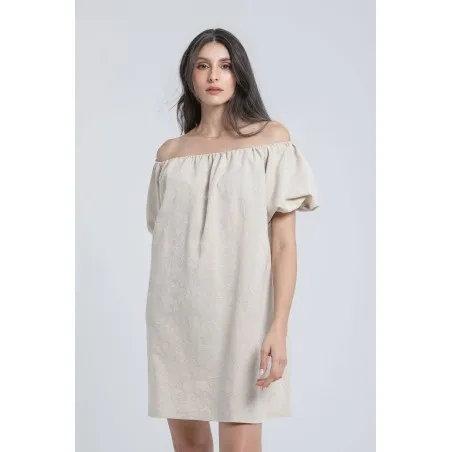 Robe courte col bateau en lin brodé - Estelle