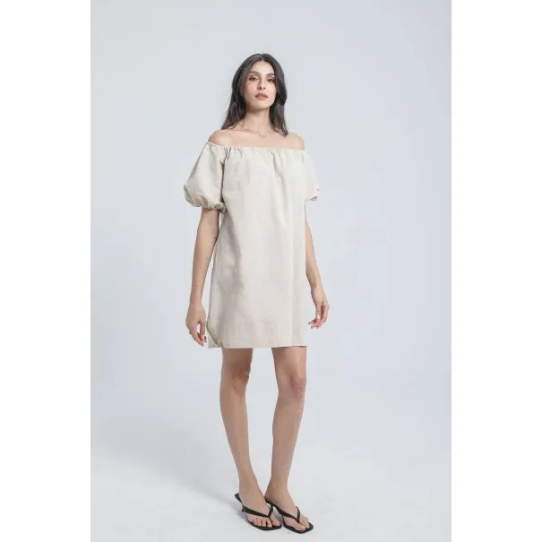 Robe courte col bateau en lin brodé - Estelle